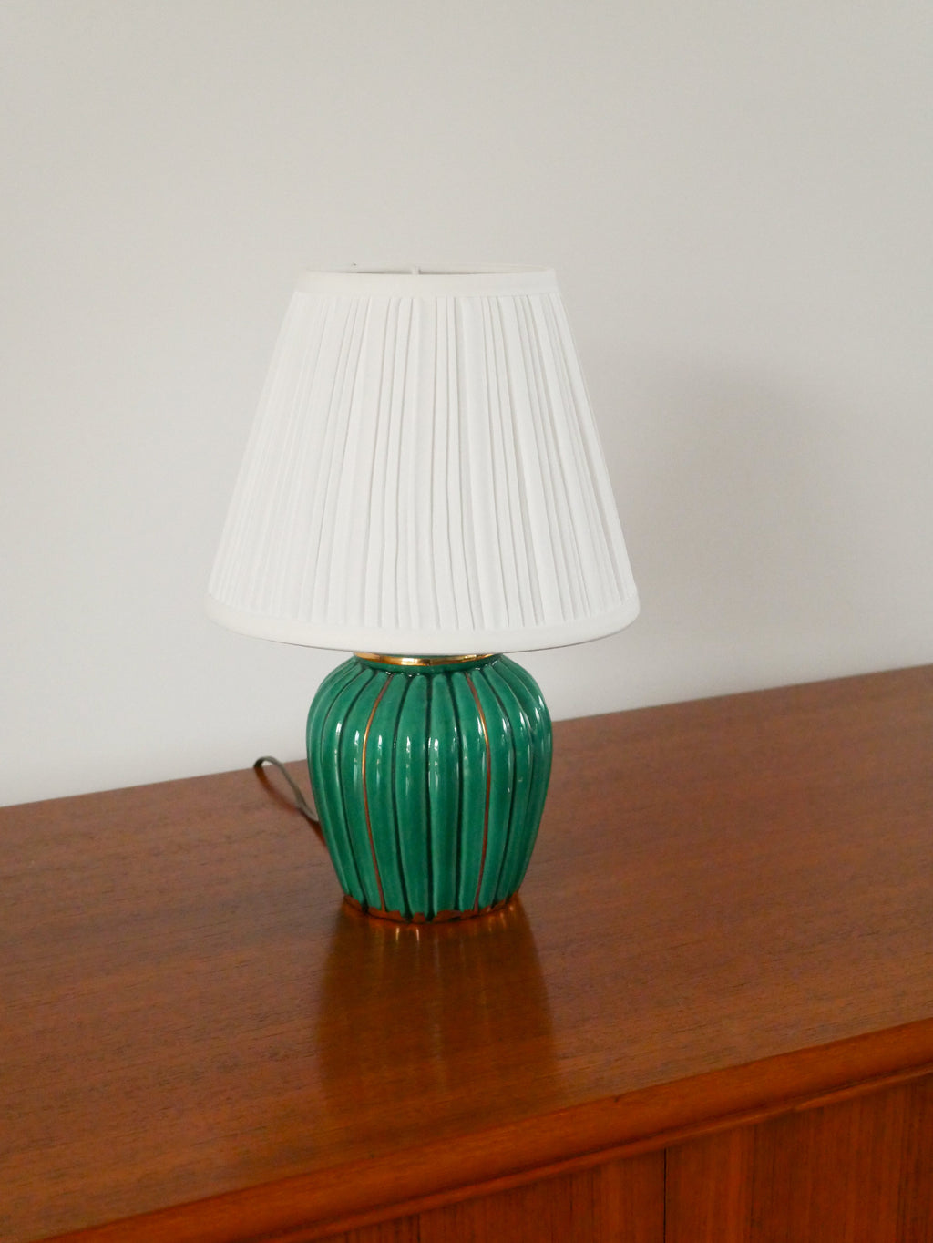 Lampe À Poser En Céramique, Vert Et Doré, Art Déco, 1930