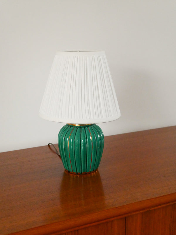 Lampe À Poser En Céramique, Vert Et Doré, Art Déco, 1930