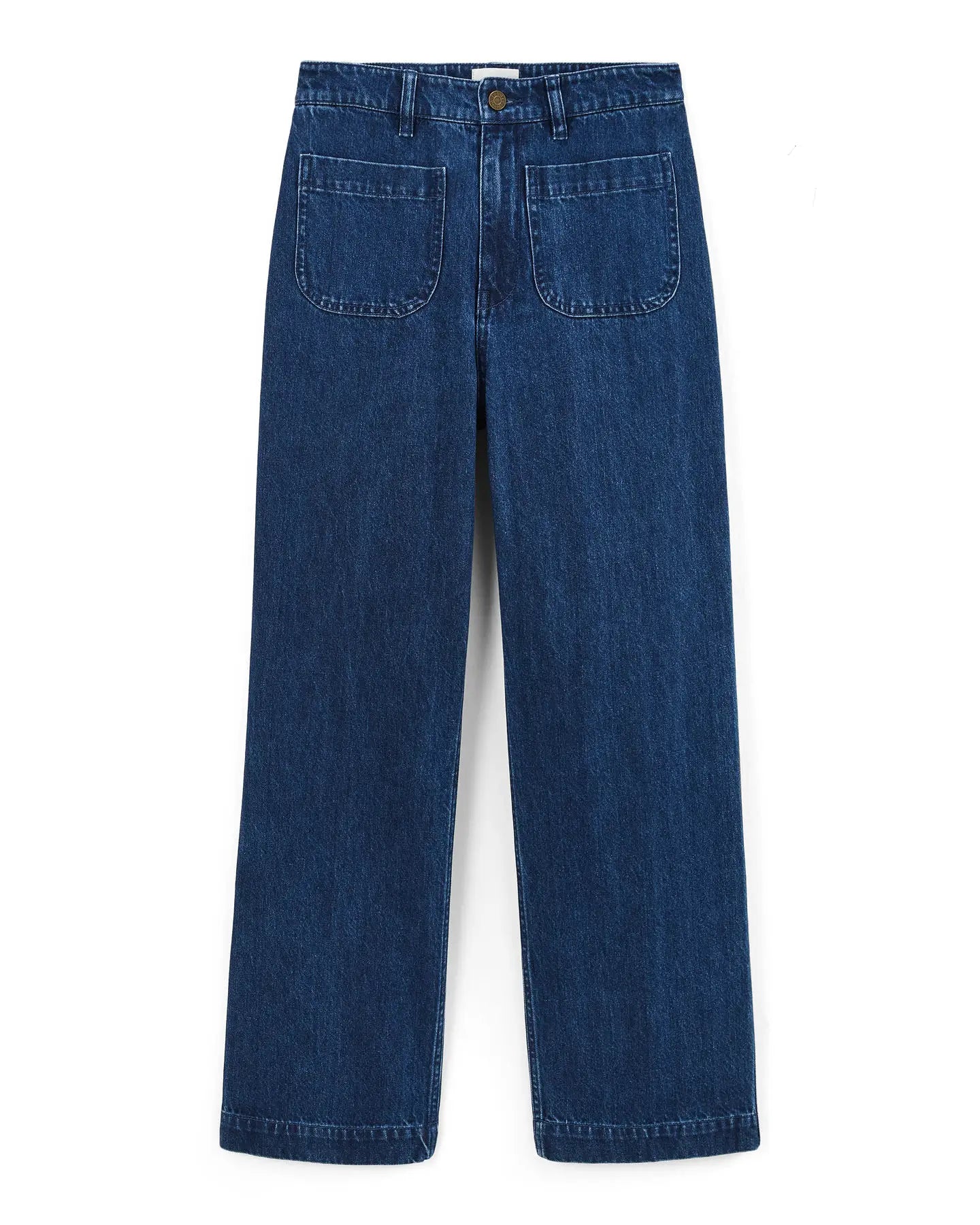 Jean en denim 100 % coton bleu foncé, coupe droite et large, avec poches plaquées sur l'avant pour femme, offrant un confort adapté à toutes les morphologies.