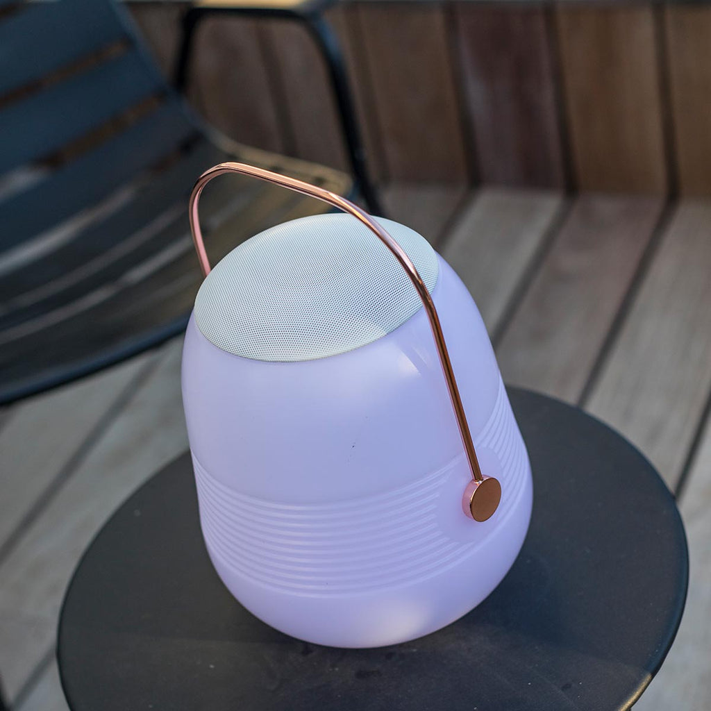Lampe enceinte bluetooth sans fil poignée cuivre LED blanc/multicolore dimmable BOB STATION H33cm avec télécommande - REDDECO.com