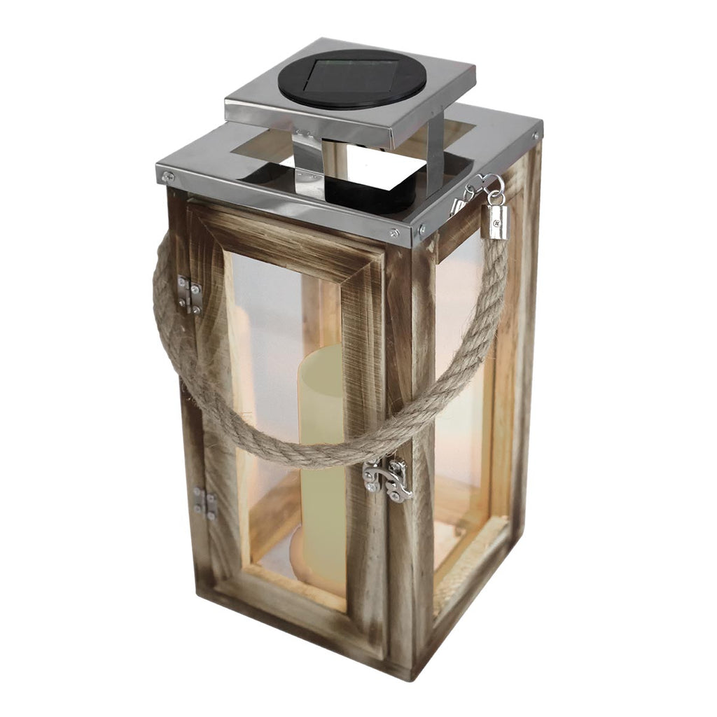 Lanterne solaire chic en bois naturel et inox poignée en corde LED blanc chaud OAKY H41cm - REDDECO.com