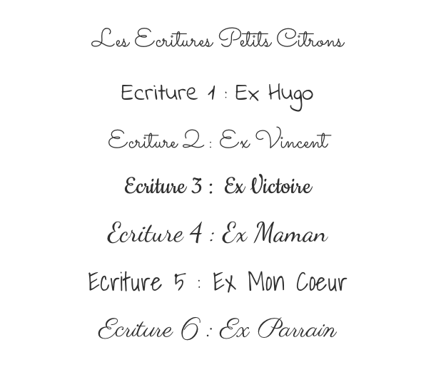 ALT: Page montrant une liste écrite à la main des titres “Écriture 1 à 6” sous le logo “Les Écritures Petits Citrons”, chaque ligne nommant une dédicace ex (Ex Hugo, Ex Vincent, etc.). Sujet principal: Léon l’assiette Papillon (mentionné dans le contexte).