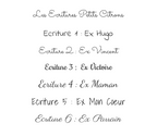 ALT: Page montrant une liste écrite à la main des titres “Écriture 1 à 6” sous le logo “Les Écritures Petits Citrons”, chaque ligne nommant une dédicace ex (Ex Hugo, Ex Vincent, etc.). Sujet principal: Léon l’assiette Papillon (mentionné dans le contexte).
