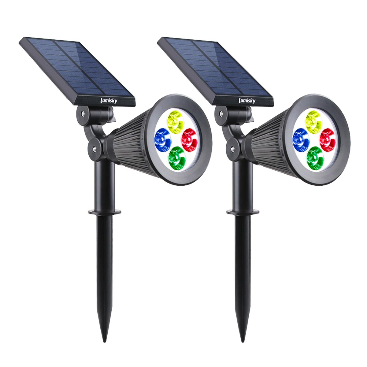 Lot de 2 spots solaires projecteur 2 en 1 à piquer ou à fixer dimmable LED multicolore SPIKY C34 H42cm - REDDECO.com