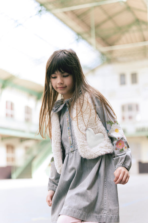 Veste - Justine Sans Manche Écru Broderie Cœur