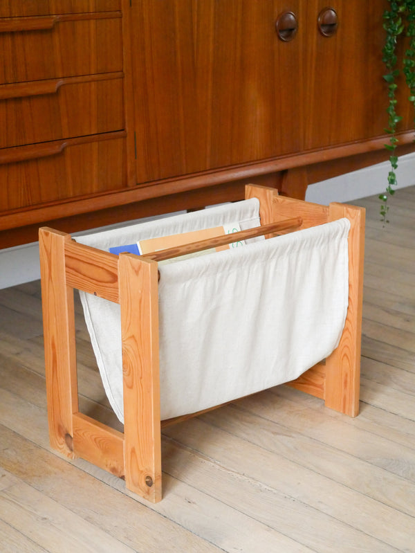 Porte-Revues En Pin Et En Lin, Bois Et Beige, Design, 1980
