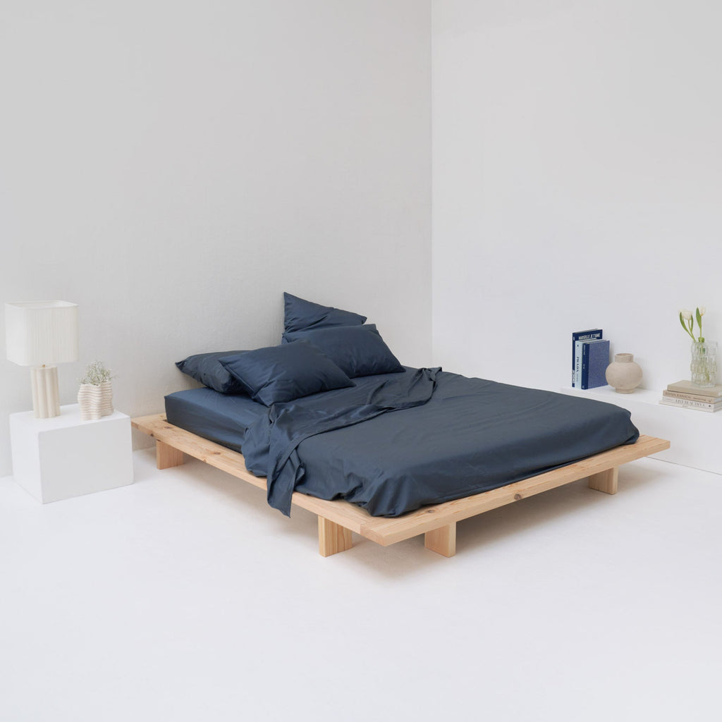 Drap Plat En Satin De Coton Égyptien 300 Fils - Bleu Orage