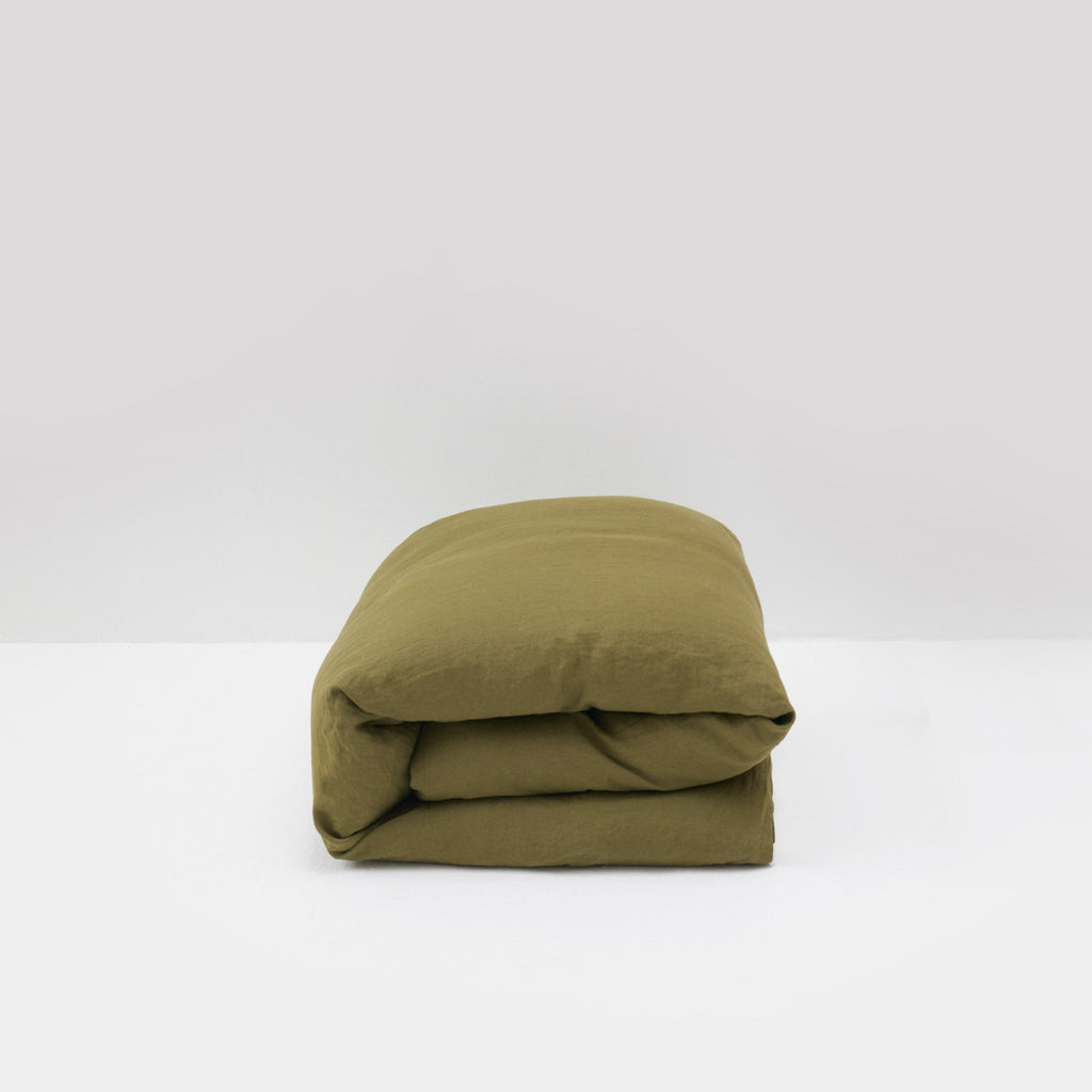 housse de couette qualite luxe hotel en lin lavé vert olive maison most