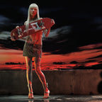 Model posing with Mowalola RED deck against dreamy background.