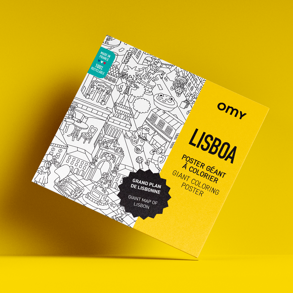 Poster géant à colorier Lisbonne OMY, couverture sur fond jaune vif