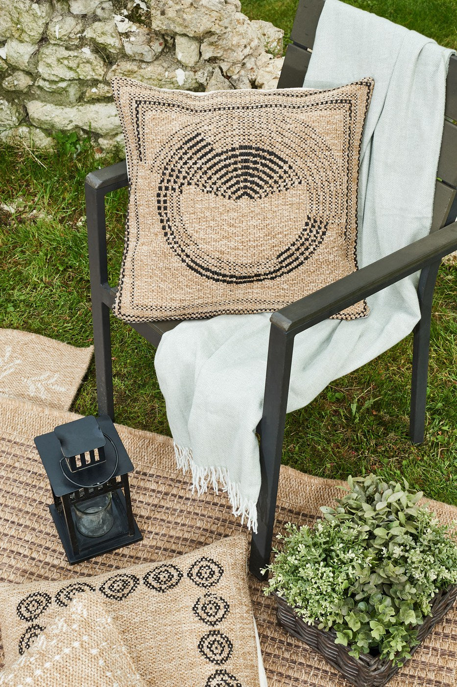 Housse De Coussin Aspect Jute 8865 - Motif Jute - Noir - Intérieur / Extérieur