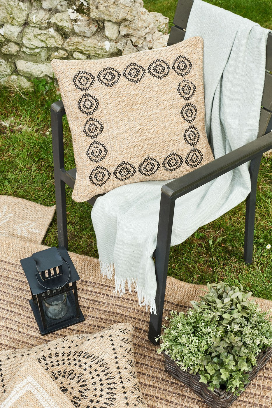 Housse De Coussin Aspect Jute 8868 - Motif Jute - Noir - Intérieur / Extérieur