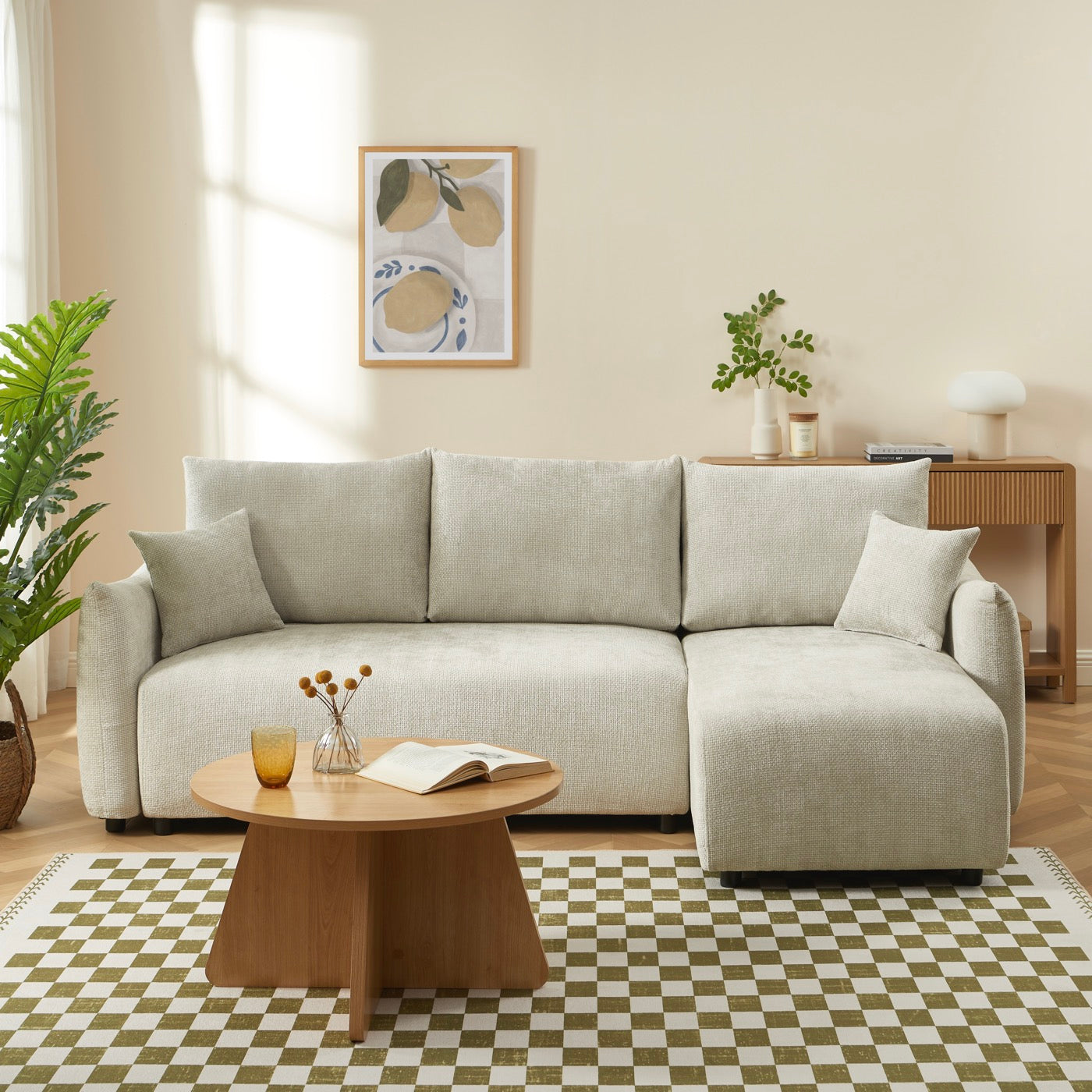 Nemea - Canapé D'Angle Convertible Et Réversible 4 Places - Tissu Chenille Beige