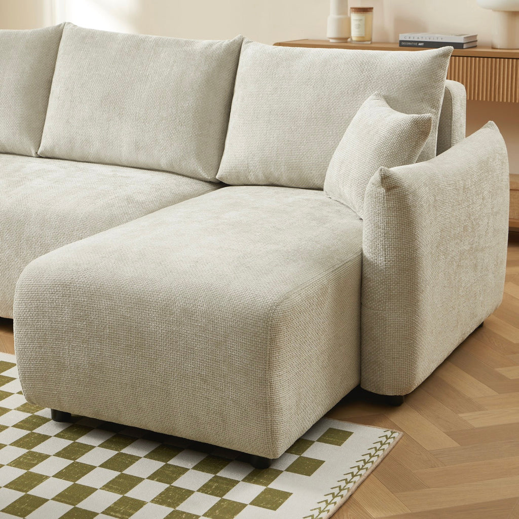 Nemea - Canapé D'Angle Convertible Et Réversible 4 Places - Tissu Chenille Beige