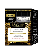 Packaging du coffret or et noir contenant le pot de crème de jour Mystérieux et une miniature de nuit offerte