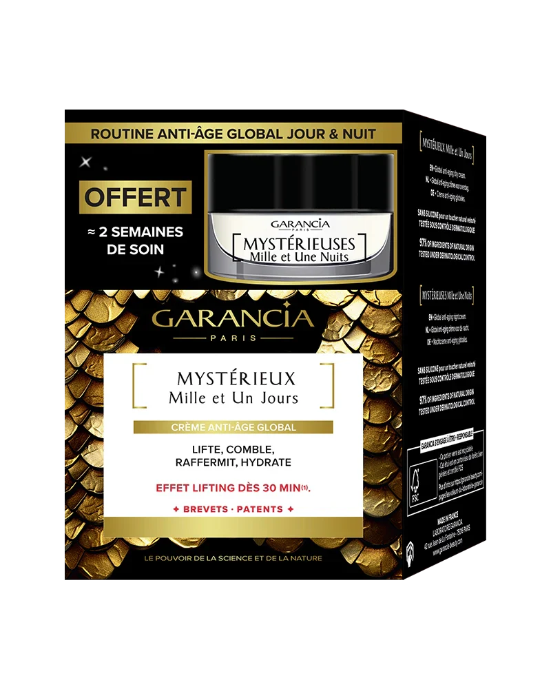 Packaging du coffret or et noir contenant le pot de crème de jour Mystérieux et une miniature de nuit offerte