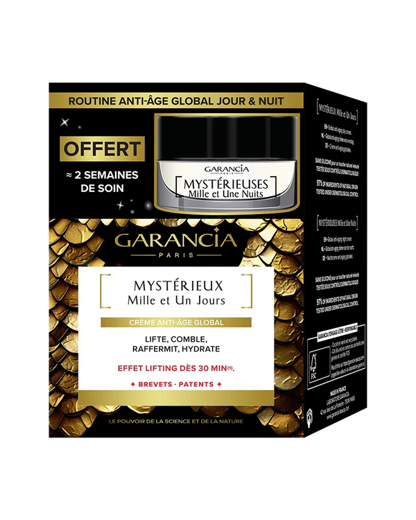 Packaging du coffret or et noir contenant le pot de crème de jour Mystérieux et une miniature de nuit offerte