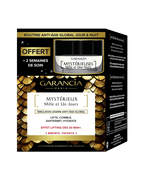 Packaging du coffret or et noir contenant le pot de crème de jour Mystérieux et une miniature de nuit offerte