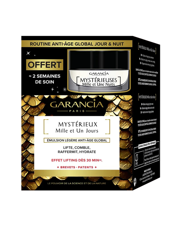 Packaging du coffret or et noir contenant le pot de crème de jour Mystérieux et une miniature de nuit offerte