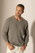 Pull Col V Lorenzo - 100% Cachemire 2 Fils - Flanelle Chiné - Men