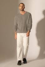Pull Col V Lorenzo - 100% Cachemire 2 Fils - Flanelle Chiné - Men