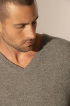 Pull Col V Lorenzo - 100% Cachemire 2 Fils - Flanelle Chiné - Men