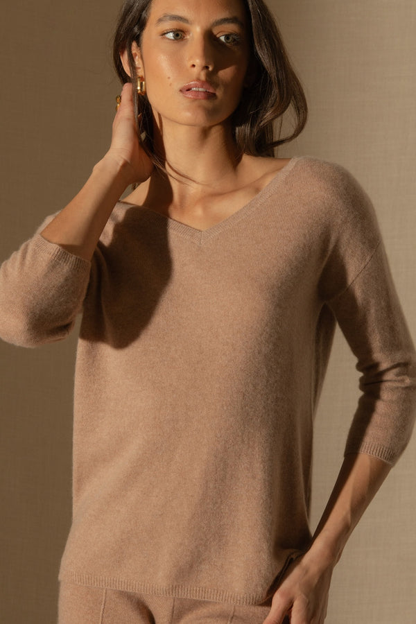 Pull Col V - Thais - Camel Chiné