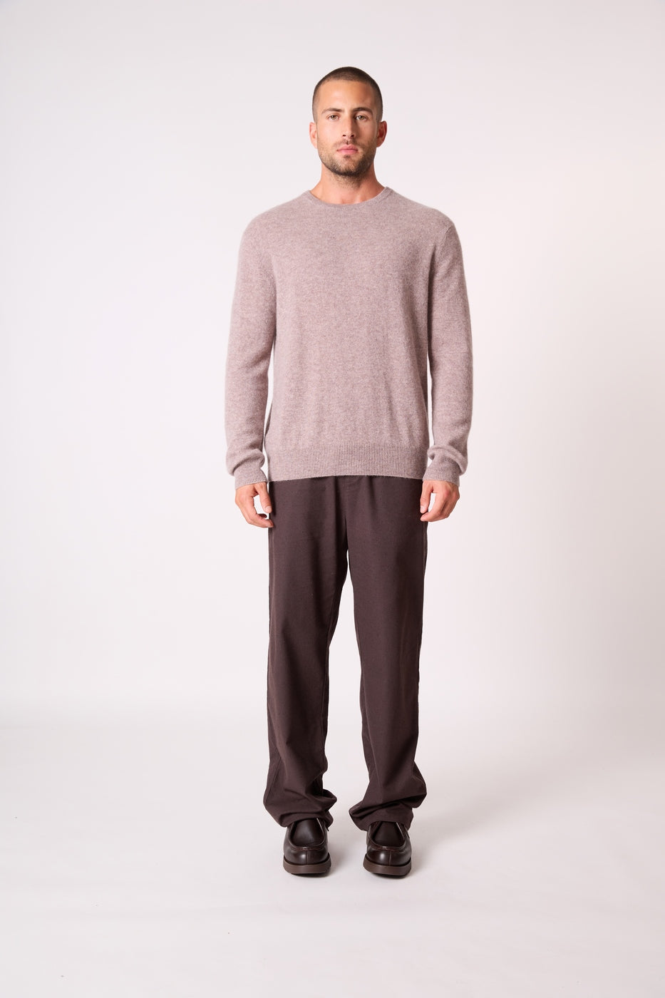 Pull Col Rond - 100% Cachemire 2 Fils - Caribou Chiné - Homme