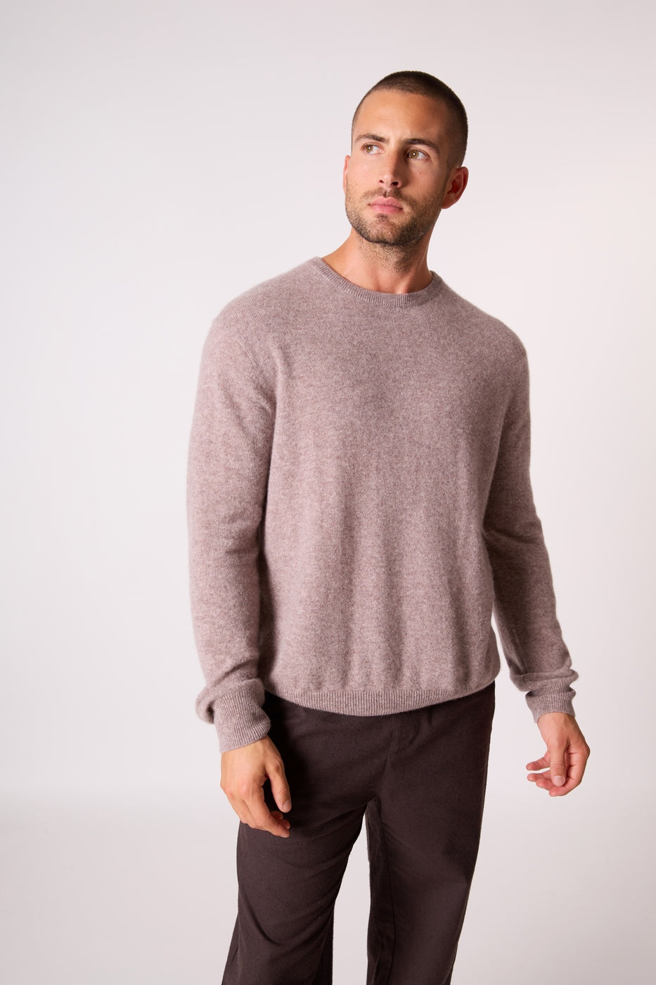 Pull Col Rond - 100% Cachemire 2 Fils - Caribou Chiné - Homme