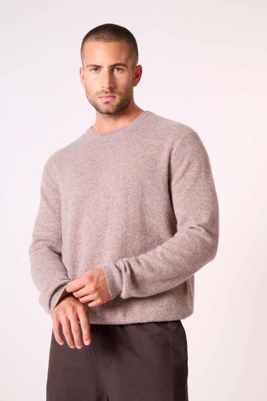 Pull Col Rond - 100% Cachemire 2 Fils - Caribou Chiné - Homme