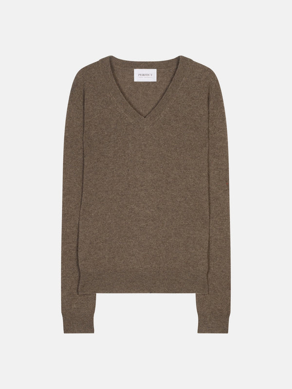 Pull Col V Kalie - 100% Cachemire 2 Fils - Taupe Chiné - Women