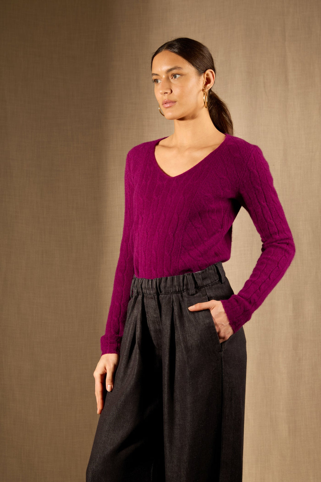 Pull Col V - 100% Cachemire 4 Fils - Prune - Femme