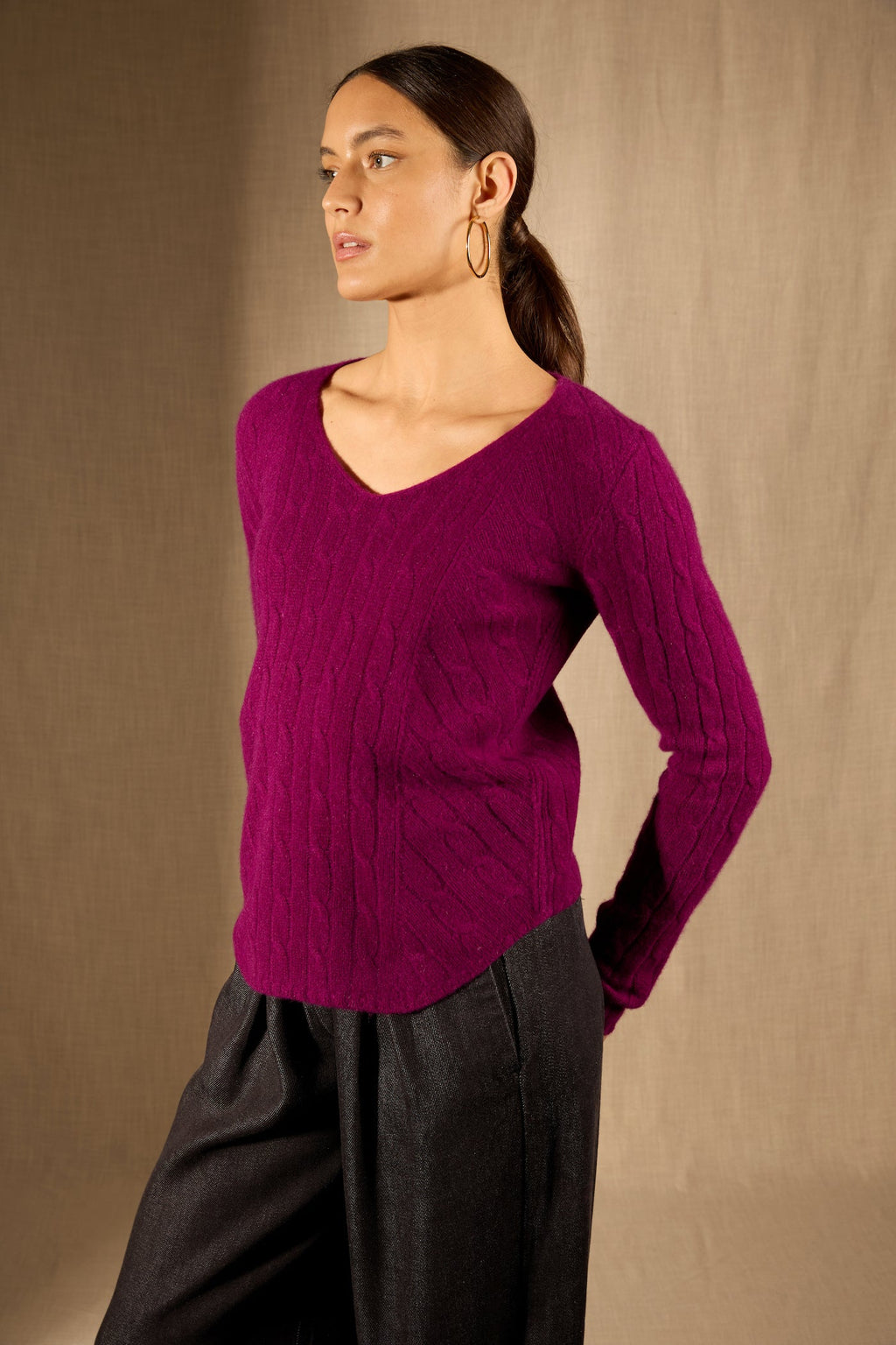 Pull Col V - 100% Cachemire 4 Fils - Prune - Femme