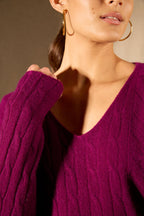 Pull Col V - 100% Cachemire 4 Fils - Prune - Femme