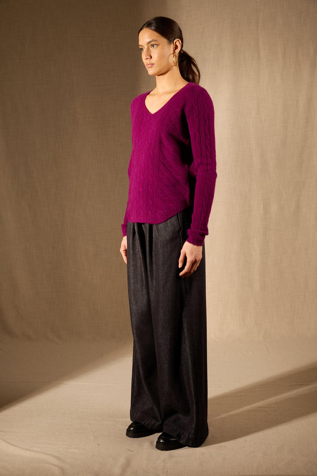 Pull Col V - 100% Cachemire 4 Fils - Prune - Femme