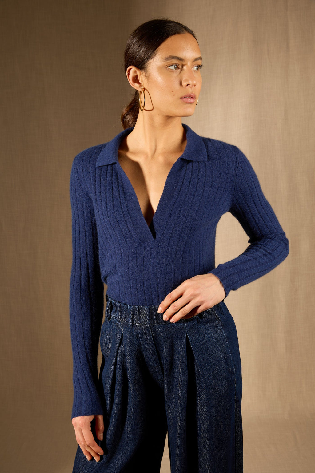 Pull Col Polo Ouvert - 100% Cachemire 2 Fils - Minuit - Femme
