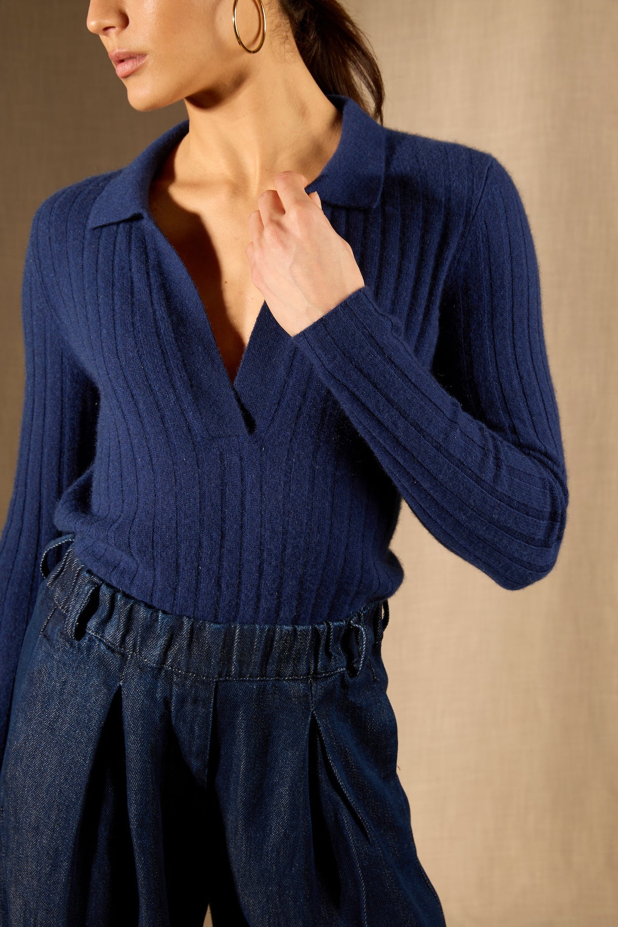 Pull Col Polo Ouvert - 100% Cachemire 2 Fils - Minuit - Femme
