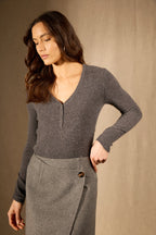 Pull Col V Boutonné - Selene - Anthracite Chiné