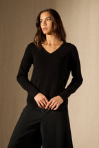 Pull Col V - 100% Cachemire 2 Fils - Noir - Femme