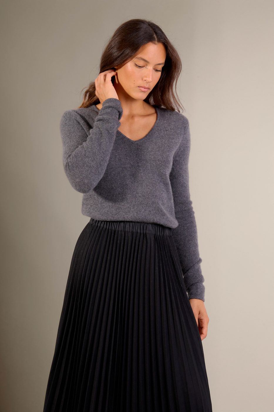 Pull Col V 4 Fils - Gaby - Anthracite Chiné