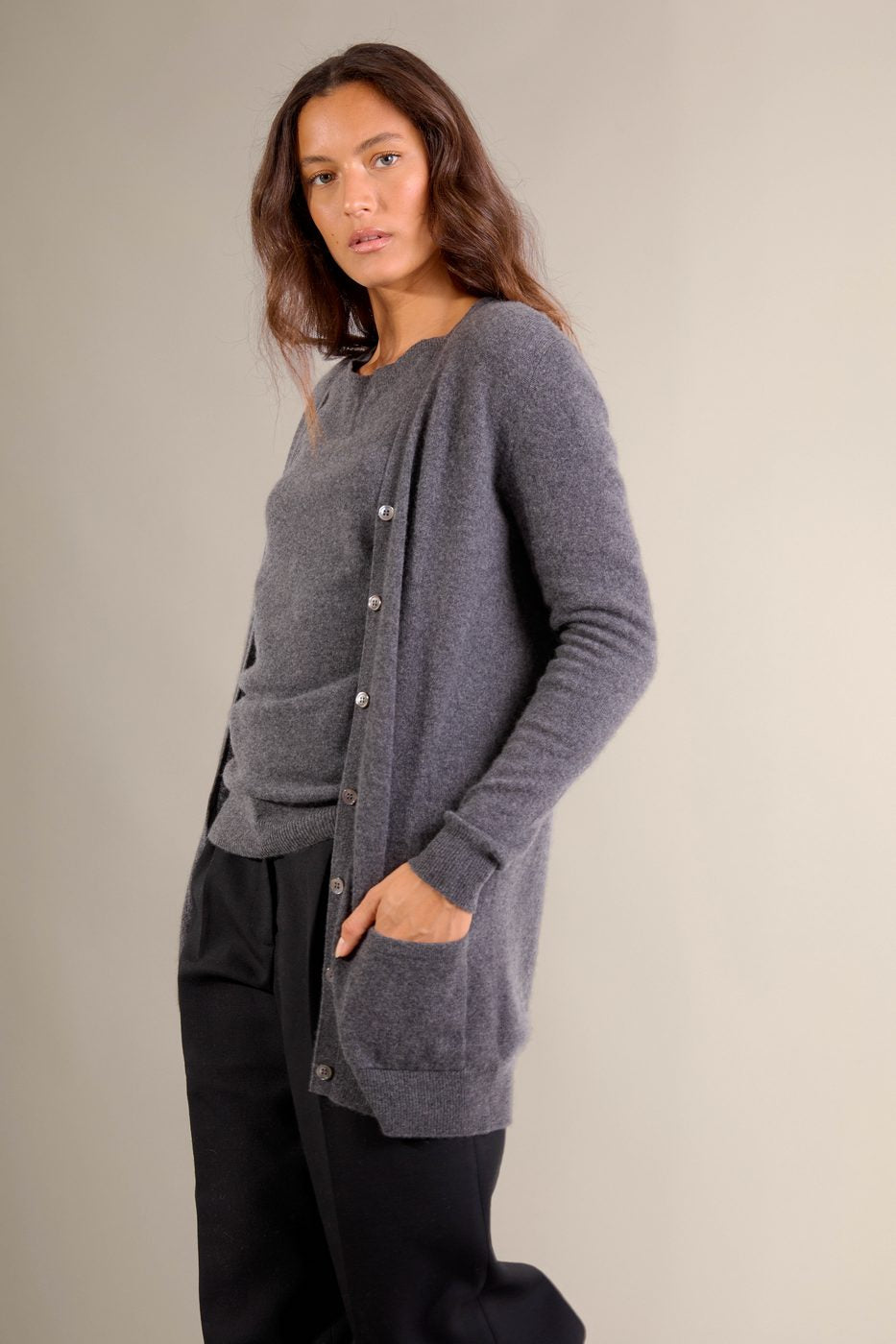 Cardigan Col V - Pearl - Anthracite Chiné