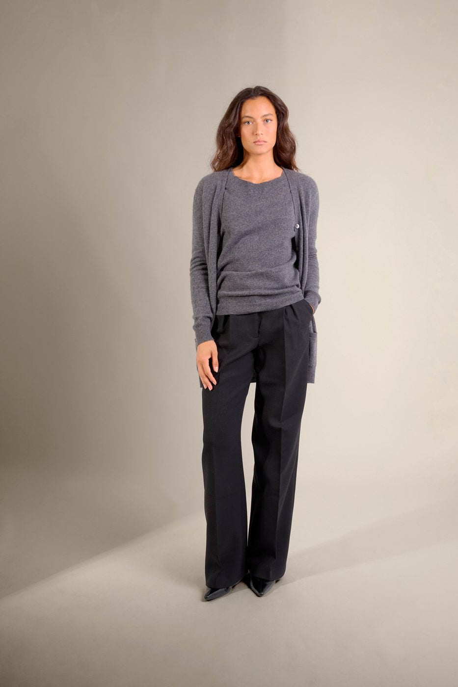 Cardigan Col V - Pearl - Anthracite Chiné