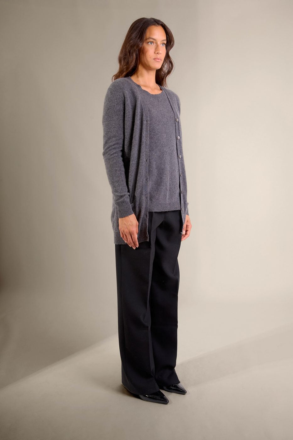Cardigan Col V - Pearl - Anthracite Chiné