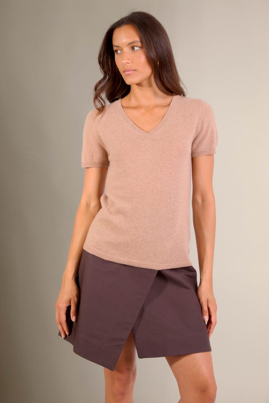T-Shirt Col V - Efimia - Camel Chiné