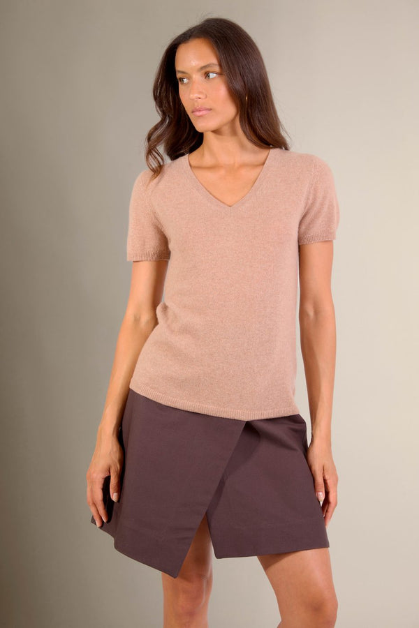 T-Shirt Col V - Efimia - Camel Chiné