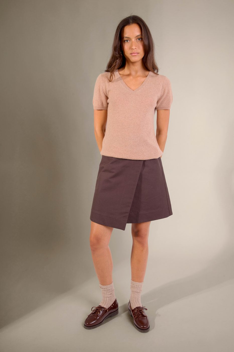 T-Shirt Col V - Efimia - Camel Chiné