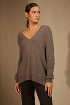 Pull Col V Devant Et Dos - Lova - Taupe Chiné