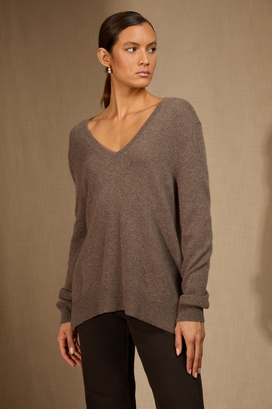 Pull Col V Devant Et Dos - Lova - Taupe Chiné