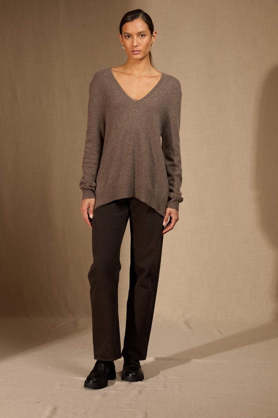 Pull Col V Devant Et Dos - Lova - Taupe Chiné
