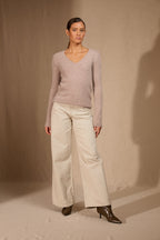 Pull Col V 4 Fils - Gaby - Taupe Clair Chiné